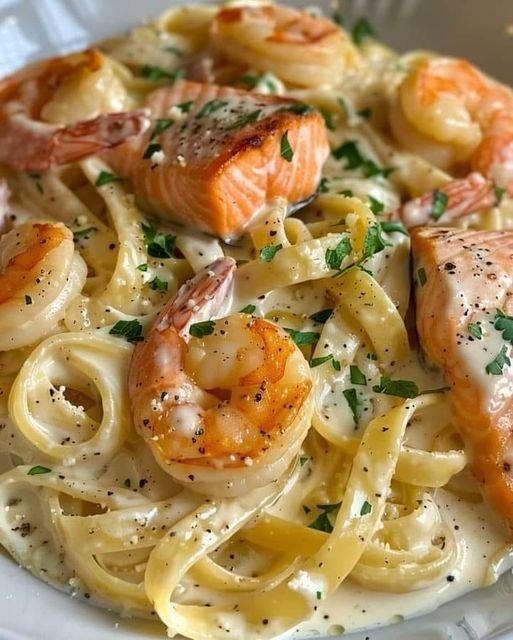 Salmon and Shrimp Alfredo